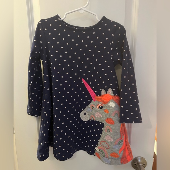 Mini Boden Navy Polka Dot Unicorn Kids appliqué dress size 3-4y - Picture 1 of 7